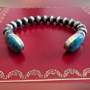 Turquoise and Navajo Pearls Cuff Bracelet. Stamped and Signed.